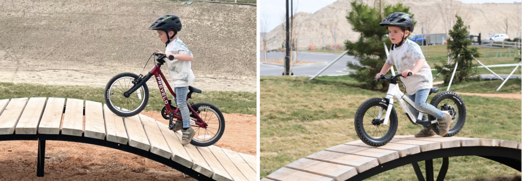 child struggling up a feature on a pedal bike while easily tackling it on the Dirt hero.