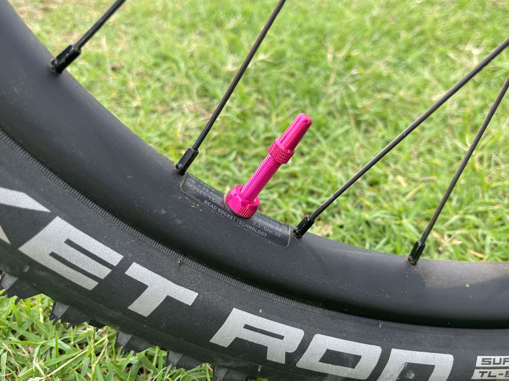 Pink color matched valve on Trailcraft rim
