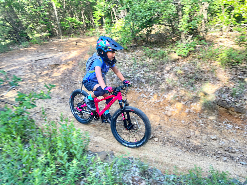 Rider on Trailcraft Blue Sky riding down singletrack
