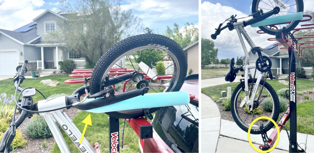 a 16 inch bike loaded up on a VelociRAX Small Wheel Basket using a foam pool noodle
