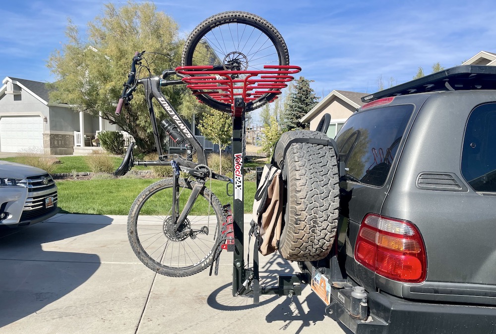 VelociRAX loaded on a Land Cruiser with a spare tire on the back