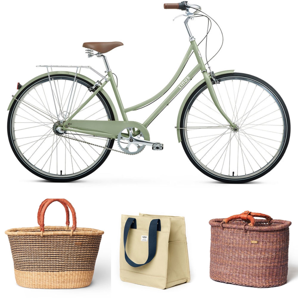 Collage of Linus Dutchi 7i cruiser bike and bag and basket accessories