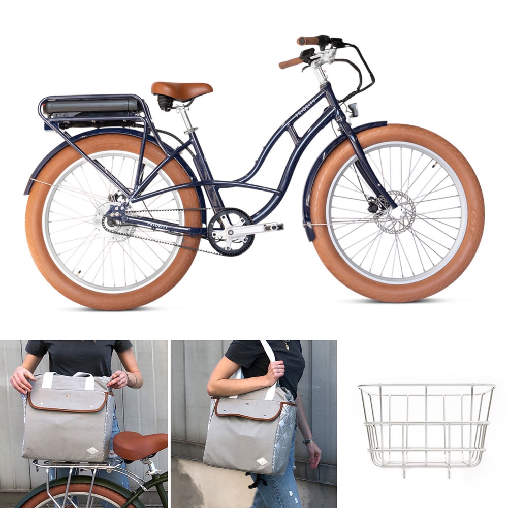 Priority e-Coast in navy blue with coordinating metal basket and rear panniers