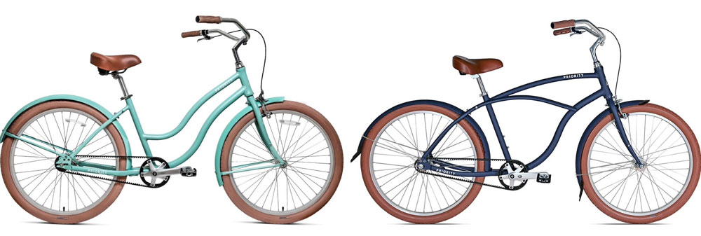 Collage of two beach cruisers showing step thru frame and diamond frame