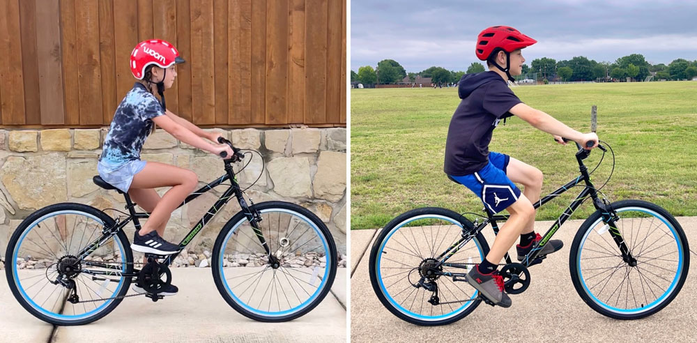Side by side comparison of 55" and 59.5" tall riders on the Guardian 26 inch kids bike