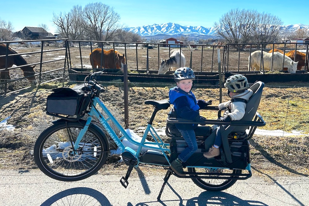 Kids riding in the back of the Xtracycle Swoop while visiting a farm