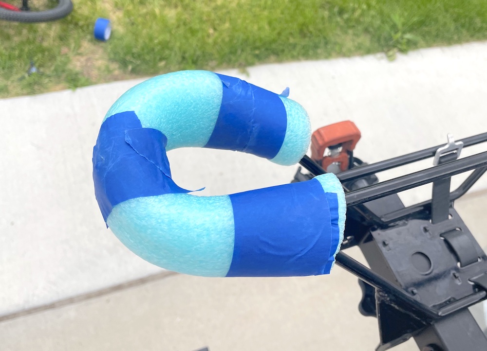 Pool noodle wrapped around the end of a small 20" basket