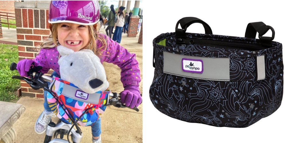 PoCampo Woosh kids bike bag on a child's bike, carrying a stuffed animal