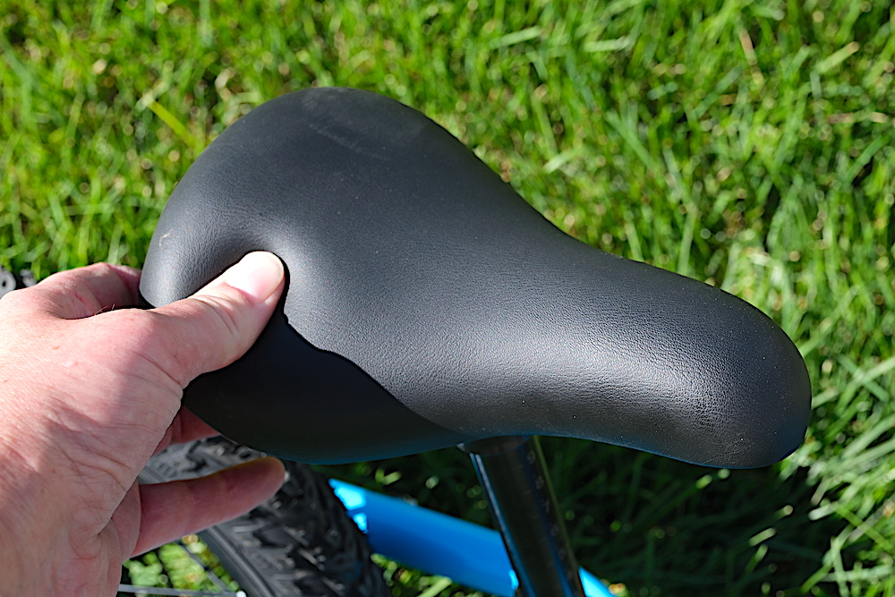 soft, cushioned saddle on the banana balance bike