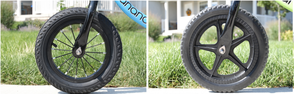 comparison between the air tires on the banana bike GT and the foam tires on the banana bike LT