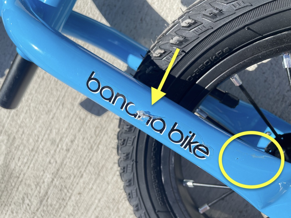 ripping sticker and scratched paint on the banana bike