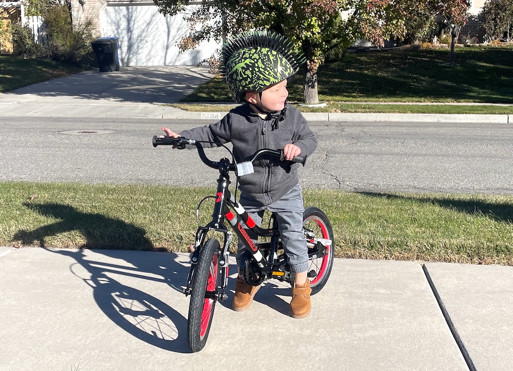 small boy on the guardian 14 pedal bike
