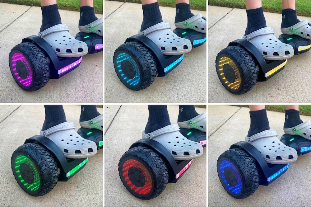 Collage showing the different color wheels lights of the Jetson Flash hoverboard