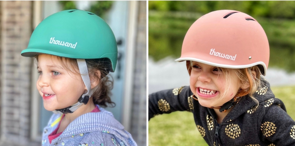Toddler wearing Thousand Jr. toddler size helmet in green, 4 year old wearing Thousand Jr. kids size helmet in blush