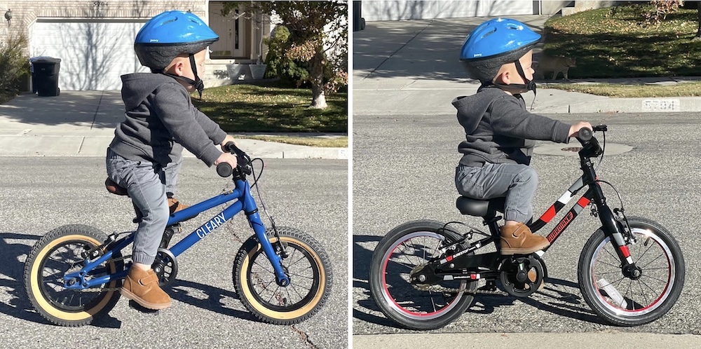 Petite toddler riding the Guardian 14 inch bike and the Cleary Gecko 12 inch bike