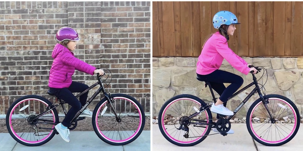 Side by side sizing comparison of 49" rider and 54" rider on Guardian 24" bike.