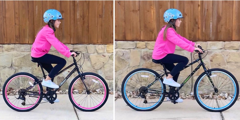 Side by side sizing comparison of 57" rider on Guardian 24" and 26" bikes.