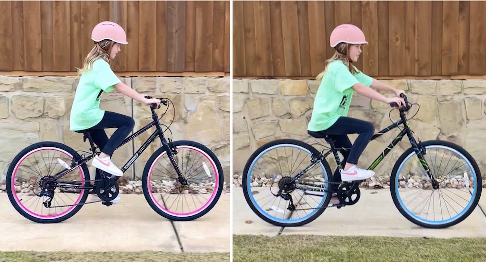 Side by side sizing comparison of 54" rider on Guardian 24" and 26" bikes.