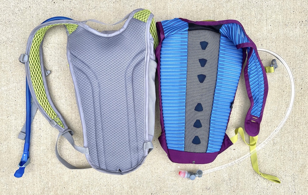 Camelbak and Osprey kids hydration packs showing their rear ventilation panels