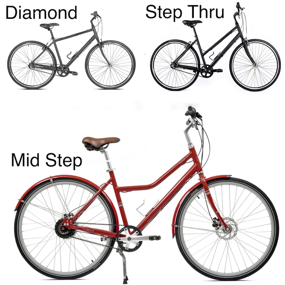 Priority Turi mid step frame shown with bikes with a diamond frame and a step thru frame