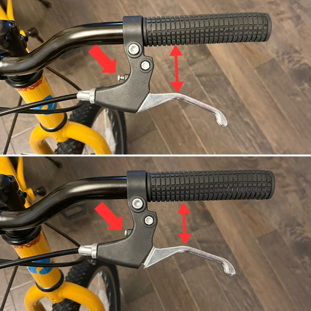 Collage showing difference in how close the brake lever is to the grip, depending on if the lever screw is tightened down.