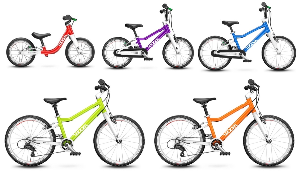 collage showing woom bikes color options - red, purple, blue, lime green, and orange