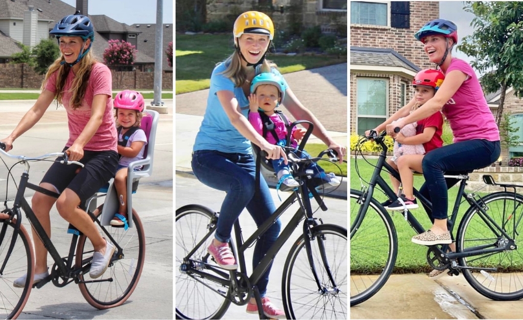 Collage showing front and rear child bike seats