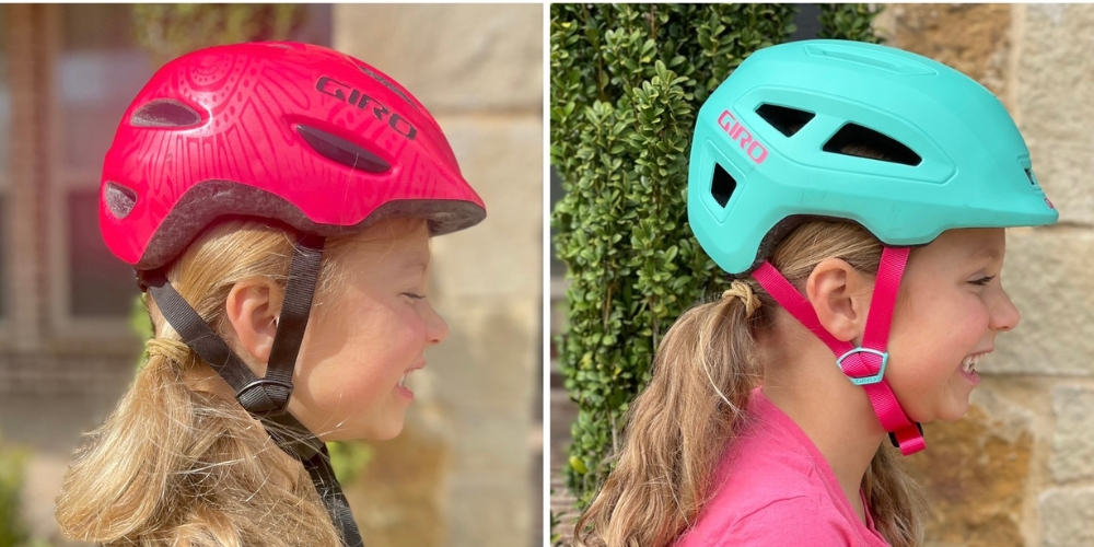 Side by side comparison of Giro Scamp and updated Giro Scamp II. Worn by same 6 year old, shown in profile.