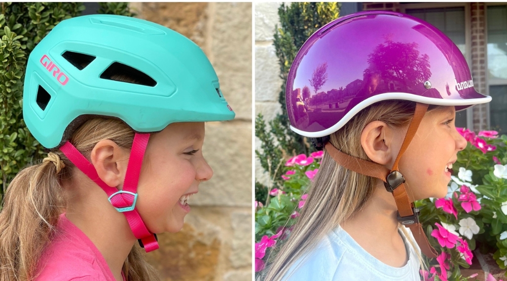 Side by side comparison of helmet depth of Giro Scamp II and Thousand Jr kids helmets, worn by same child