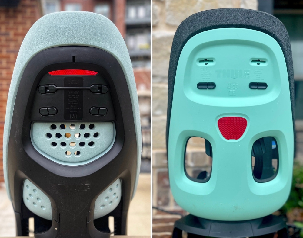 Thule Yepp 2 and Thule Yepp Nexxt 2 shown from the rear to see their respective ventilation holes.