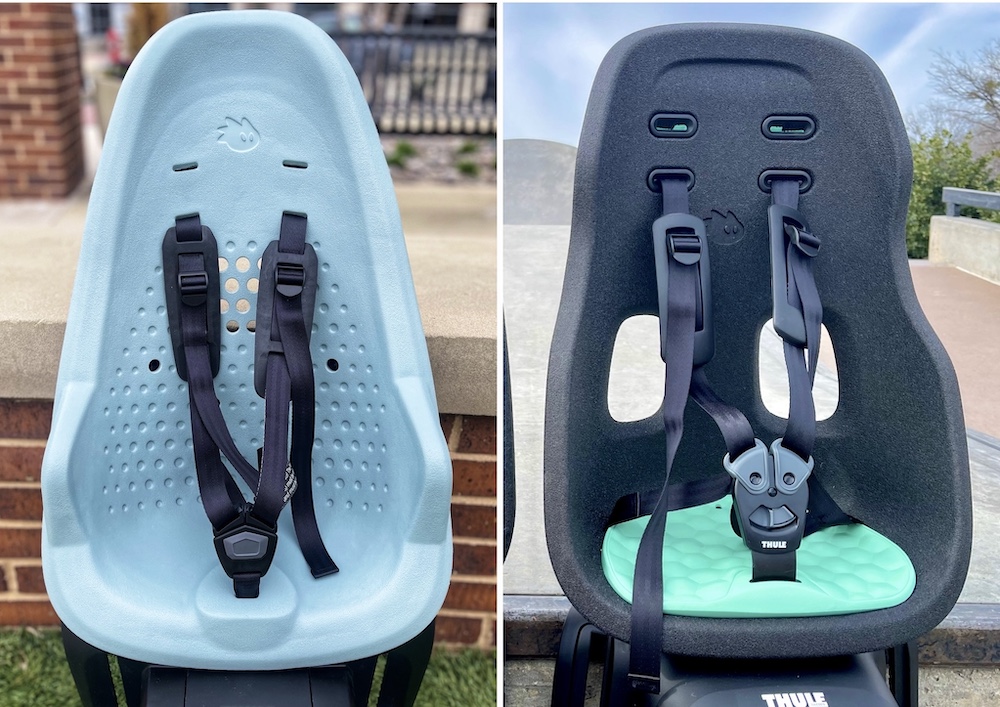 Collage showing Thule Yepp 2 Maxi and Thule Yepp Nexxt 2 Maxi side by side, from the front