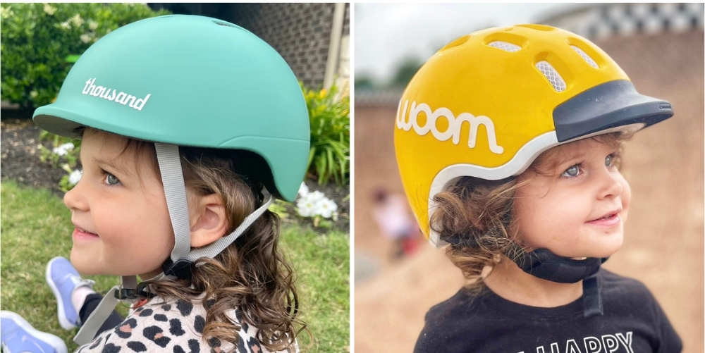 Side by side comparison of the depth of the Thousand Jr toddler helmet and the woom toddler helmet