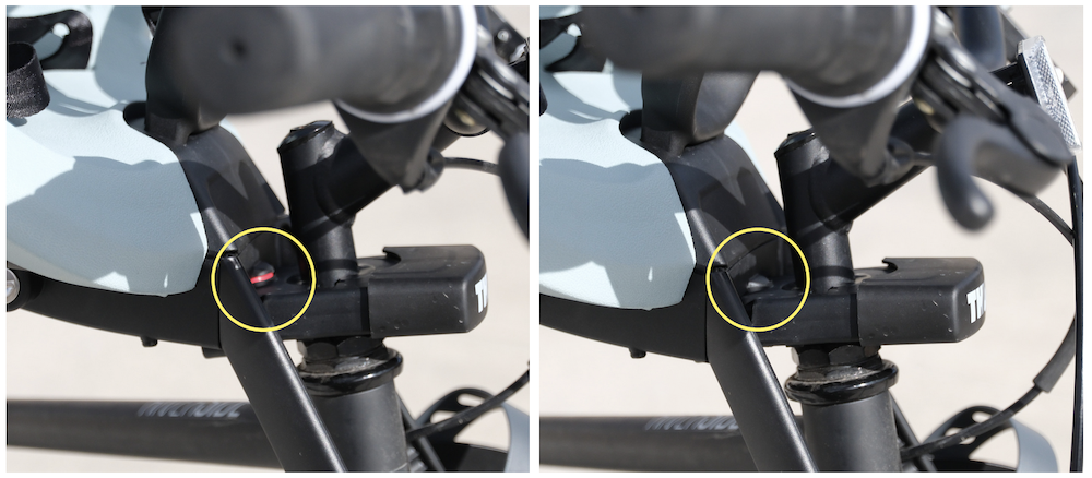 red warning mounting label on the Thule Yepp mini 2