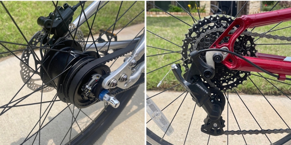 Side by side collage showing a belt drive internal hub and a derailleur with cassette and chain