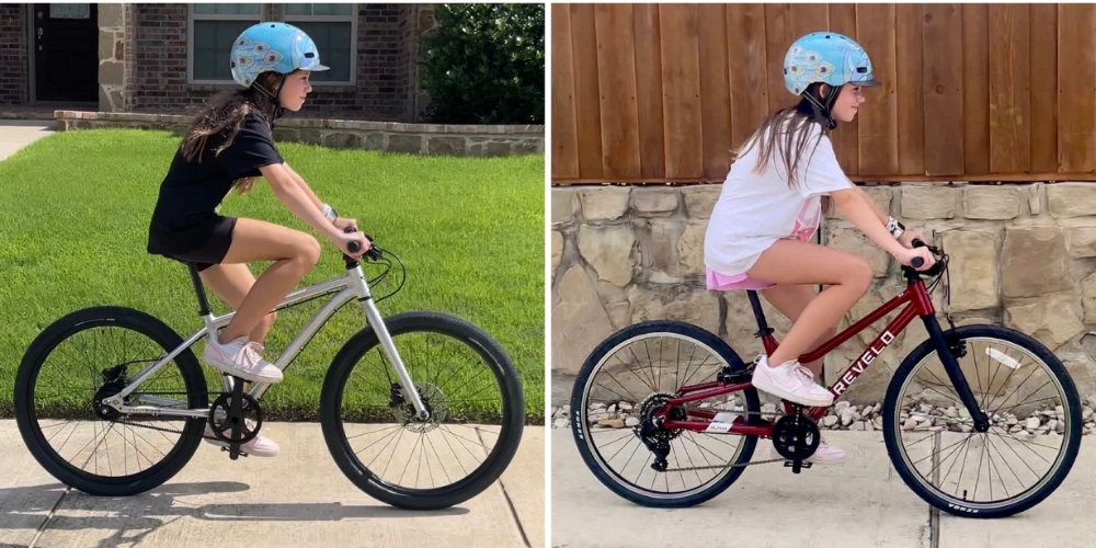 Collage showing side by side comparison of 11 year old on Early Rider Belter 24 and Prevelo Alpha Four