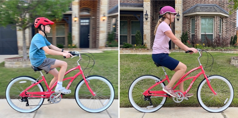 Collage showing how 5'1 and 5'10 riders fit on the Electra Cruiser 26
