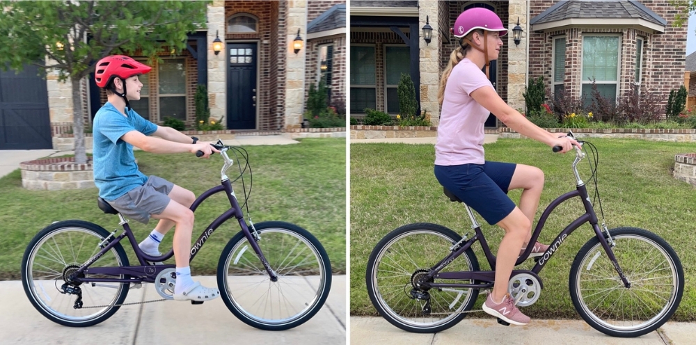 Collage showing how a 5'1 and 5'10 rider fit on the Electra Townie 26