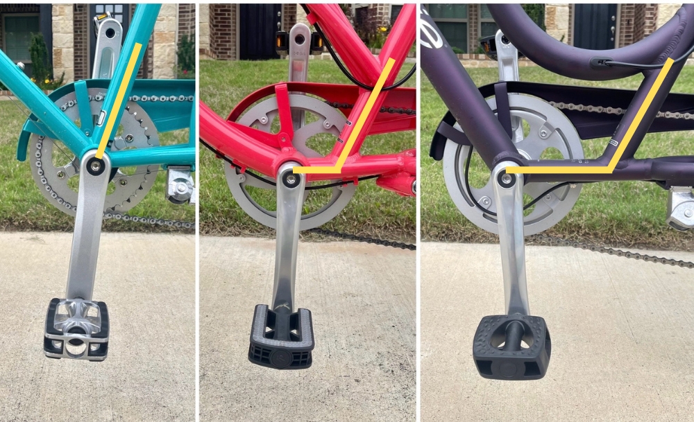 Collage showing how the pedals on the Electra Cruiser and Electra Townie are pushed forward from the down tube compared to a standard bike. The Electra Townie is pushed forward more than the Cruiser.