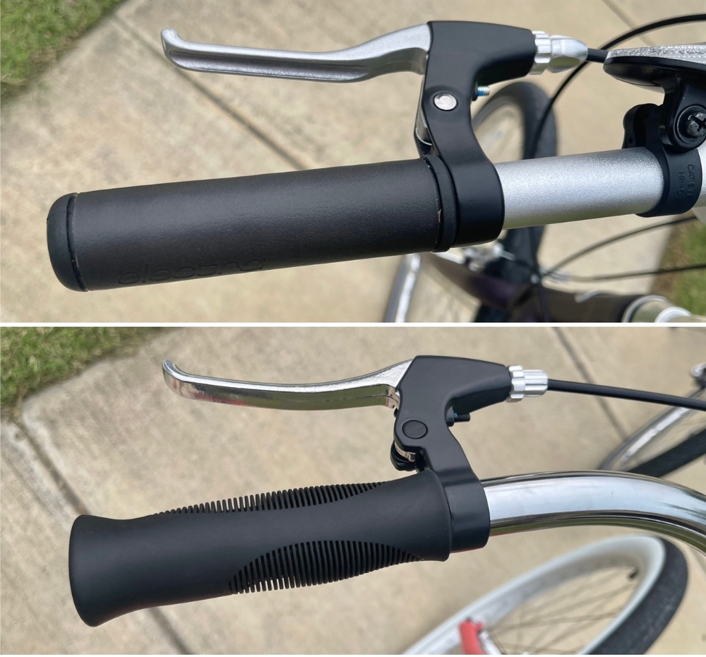 Collage showing smooth grip of Electra Townie and rubber grip of Electra Cruiser