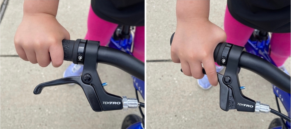3 year old grabbing short reach Tektro brake lever on Frog Tadpole Plus