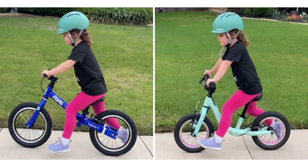 Collage showing 3 year old riding Frog Tadpole Plus and Guardian balance bikes. She is a much better fit on the larger Frog.