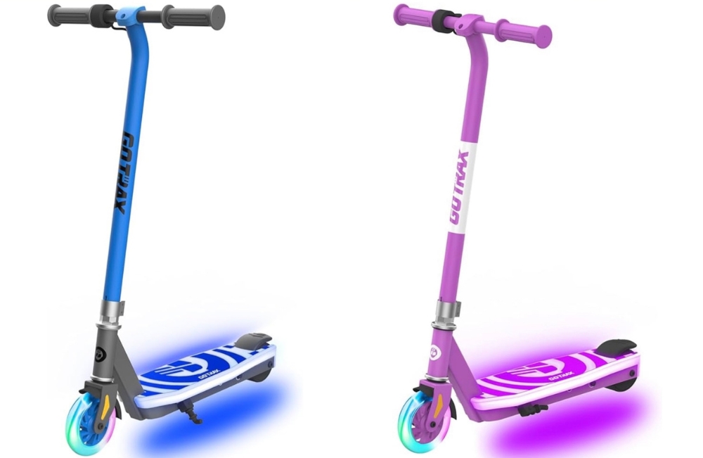 GoTrax Scout electric scooter for beginners, in blue and purple