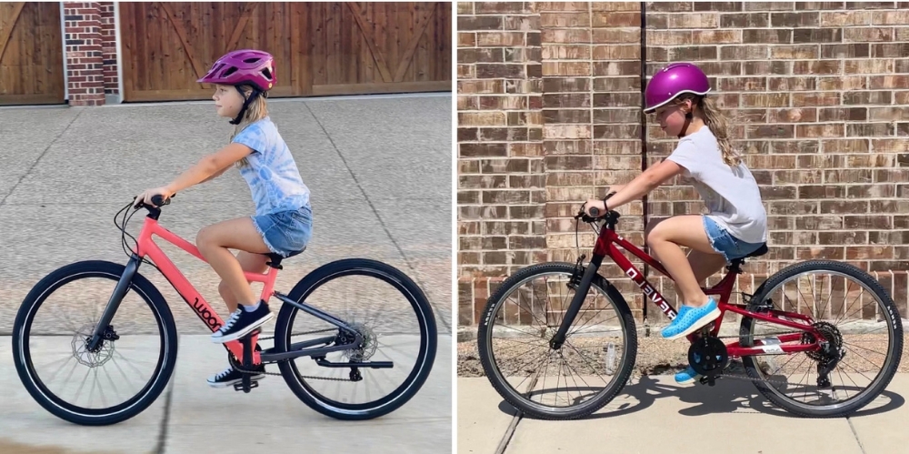 Collage showing difference in rider body positioning on the woom EXPLORE 5 and the Prevelo Alpha Four 24" bikes. The rider on the woom is more upright.