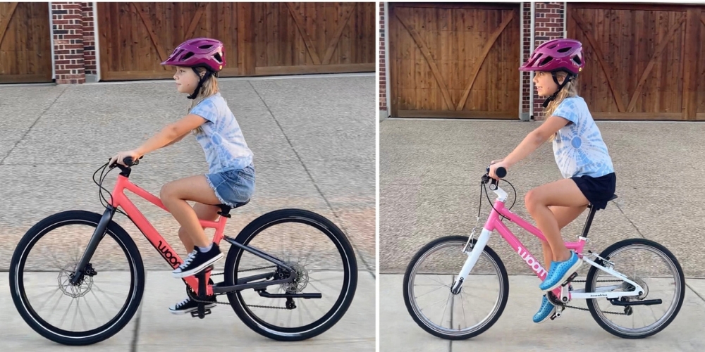 Collage showing sizing difference between a tall 6-year-old on the woom EXPLORE 5 24" bike and the woom ORIGINAL 4 20" bike
