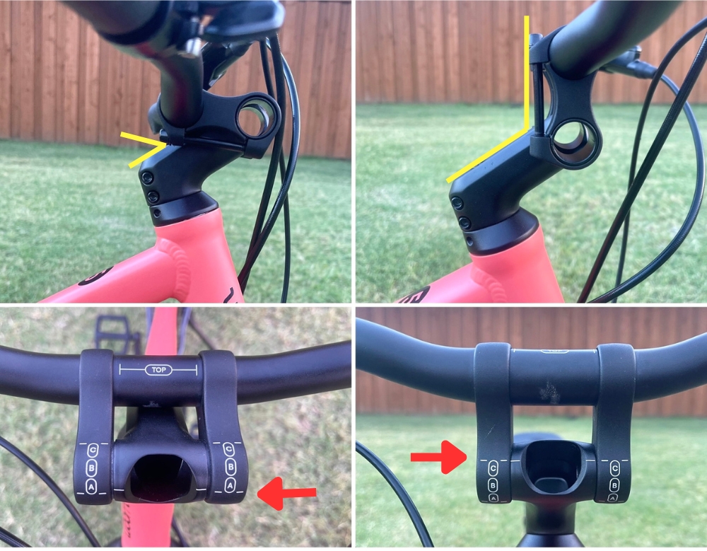 Collage showing high and low positions of the woom EXPLORE's adjustable stem