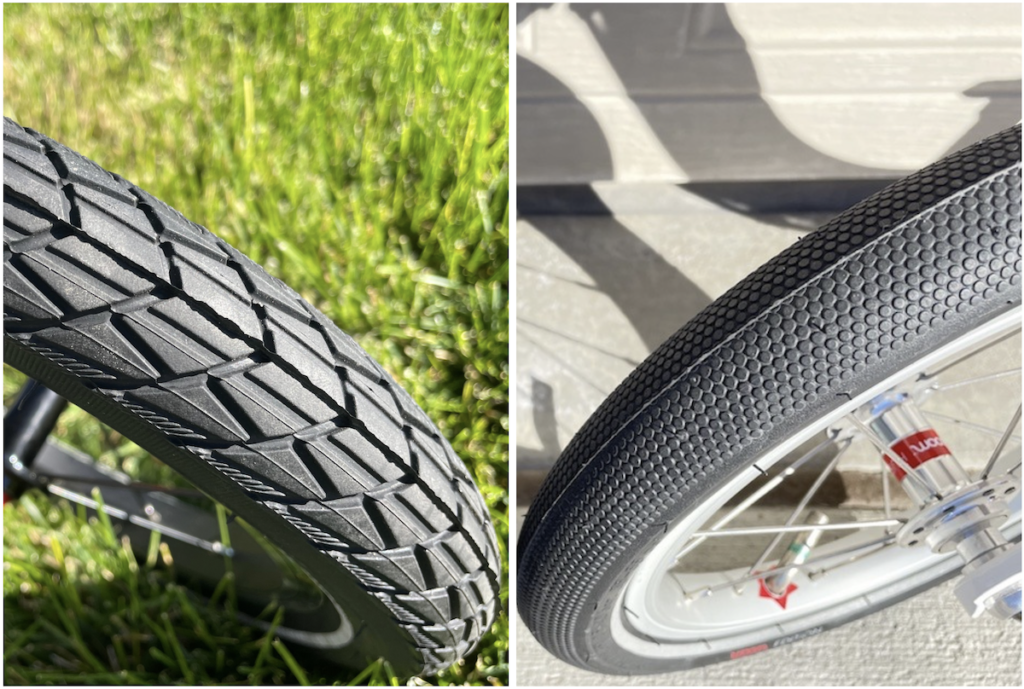 side by side comparison of the tires on the Biky 12 and the woom 1