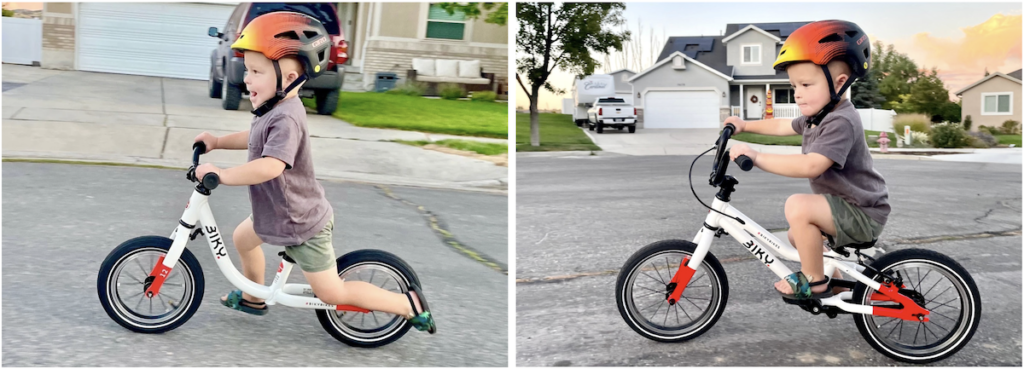 a preschooler riding the biky balance bike as well as the Biky 14 pedal bike