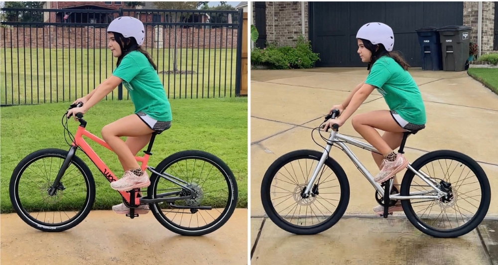 Collage showing 10 year old rider on woom EXPLORE 5 and more aggressive Early Rider Belter 24. She is more leaned forward on the Belter and her knees are much higher.