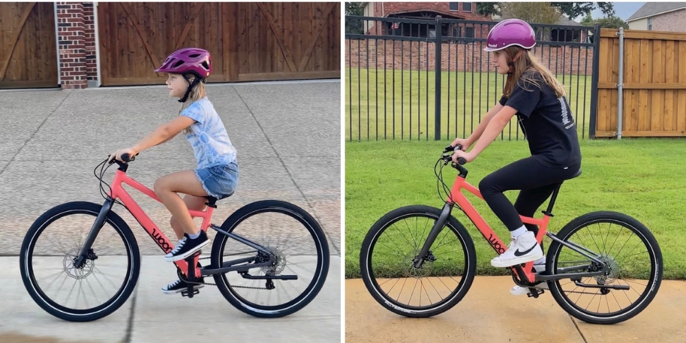 Side by side images of 6 year old and 11 yeard old on woom EXPLORE 5.