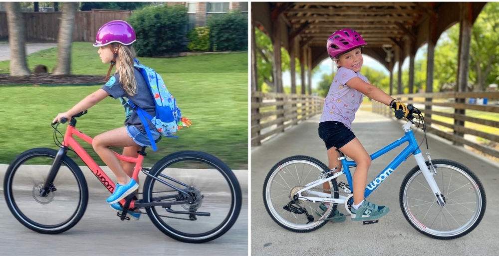 Collage showing young rider on woom EXPLORE and woom ORIGINAL kids bikes